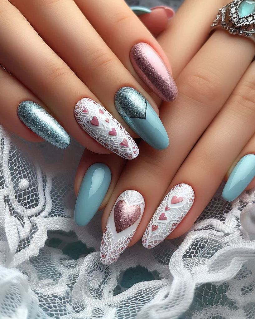 Embroidery Themed Pastels Heart nail art is your new go-to for chic nails. Delicate, pretty, and oh-so-charming!