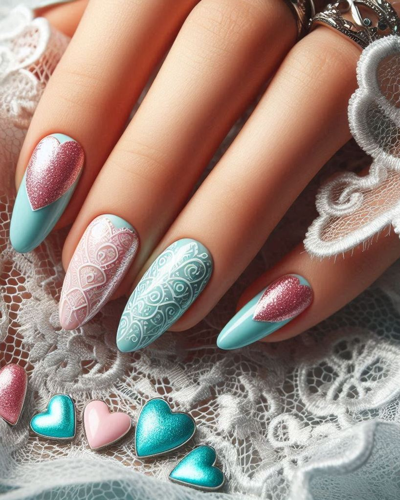 Get that vintage vibe with Embroidery Themed Pastels Heart nail art. Soft hues and intricate designs make your nails look like delicate fabric!