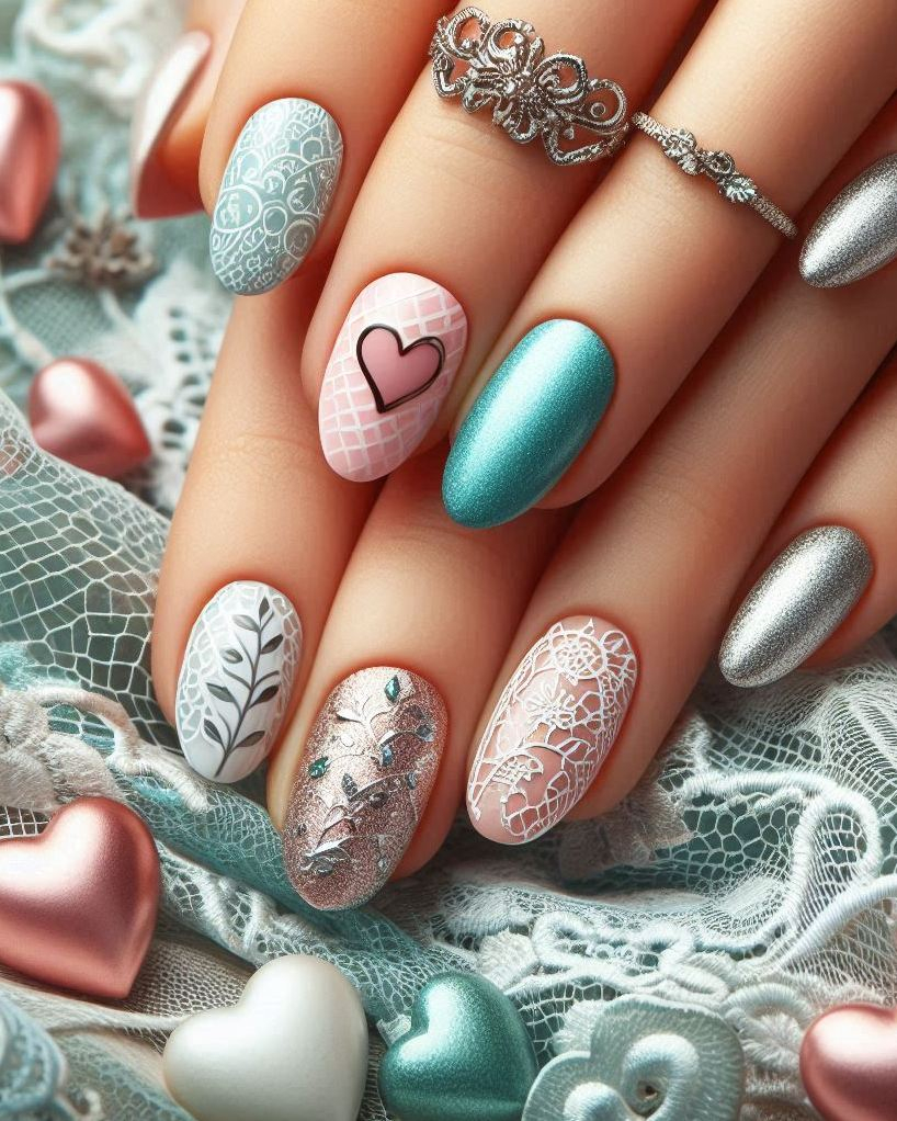 Heart Nail Art Ideas: Elevate your style with Embroidery Themed Pastels Heart nail art. These charming, pastel designs add a touch of whimsy to your fingertips!