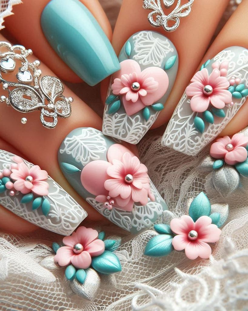 Elevate your style with Embroidery Themed Pastels Heart nail art. These charming, pastel designs add a touch of whimsy to your fingertips!