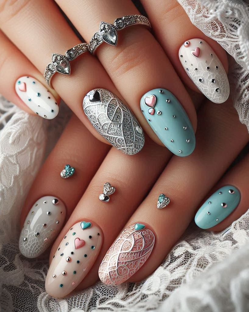 Stitch up some style with Embroidery Themed Pastels Heart nail art. Perfect for those who love a mix of elegance and playful charm!