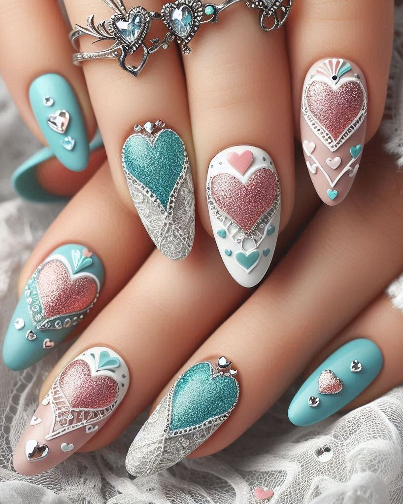 Show off your creative side with Embroidery Themed Pastels Heart nail art. Soft pastels and delicate patterns make your nails a work of art!