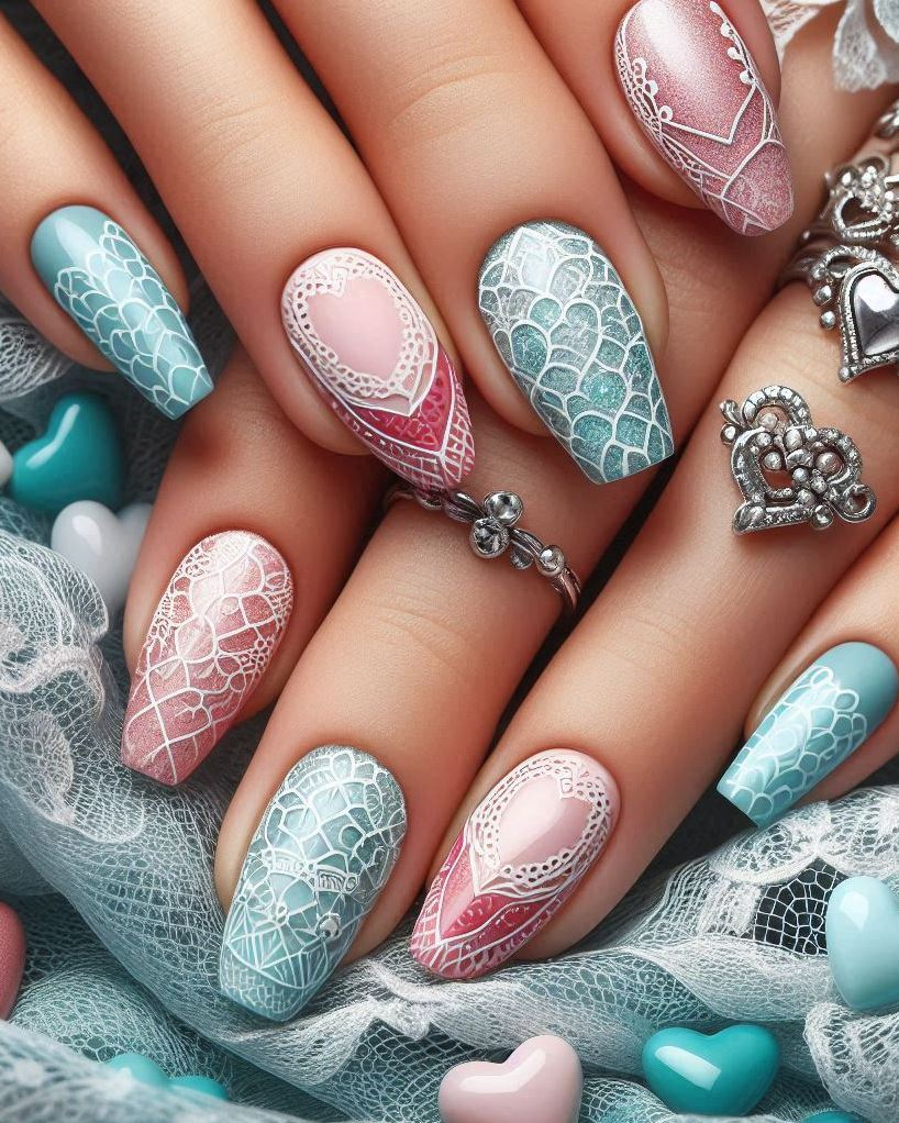 Add a touch of elegance to your nails with Embroidery Themed Pastels Heart nail art. The perfect blend of sophistication and sweetness!