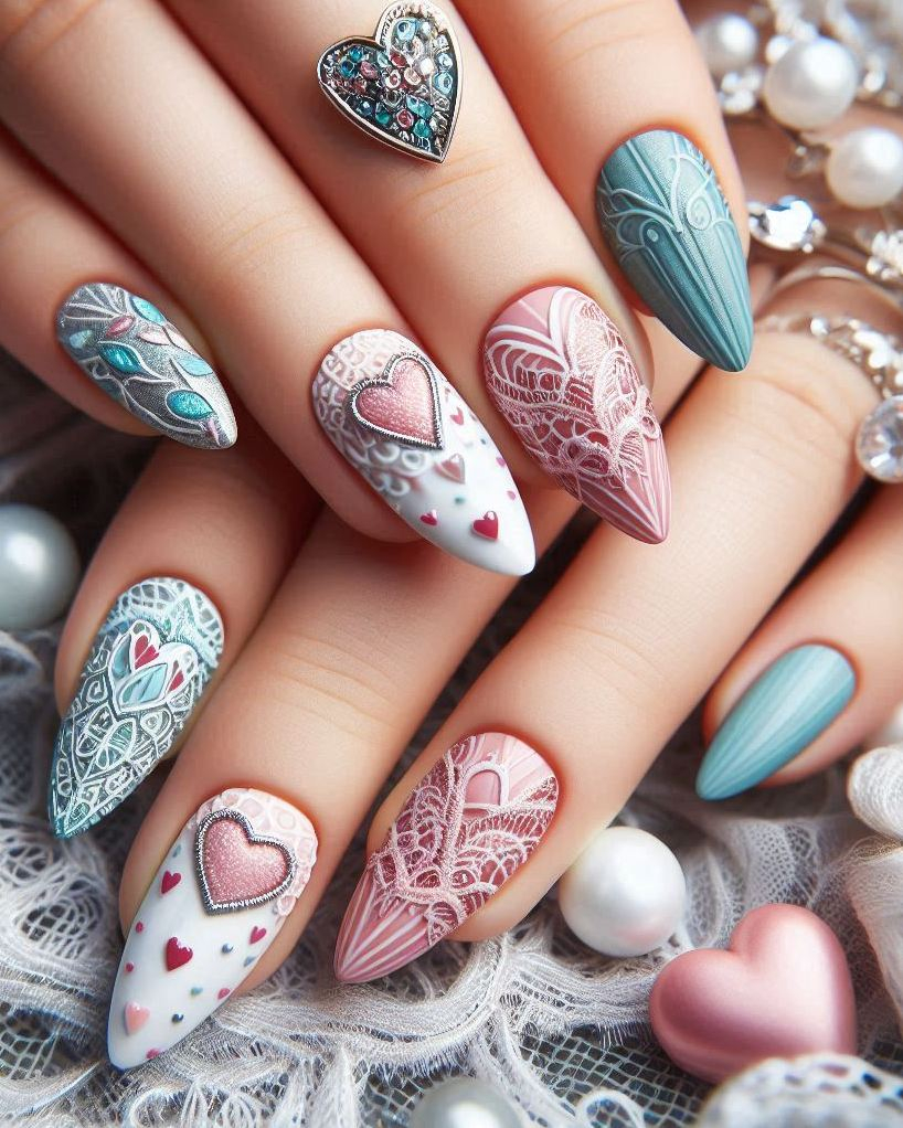 Nail your next look with Embroidery Themed Pastels Heart nail art. These dainty designs bring out the artist in you!