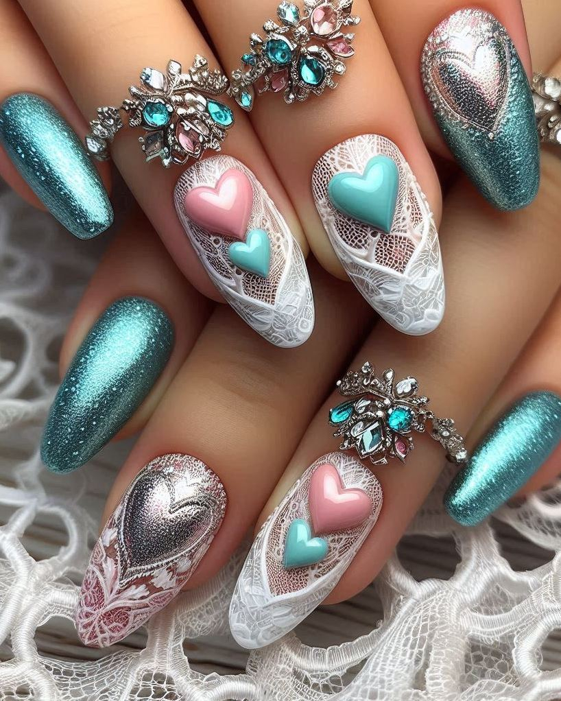 Heart Nail Art Ideas: Sprinkle some charm on your nails with Embroidery Themed Pastels Heart nail art. Delicate, pastel designs perfect for any occasion!