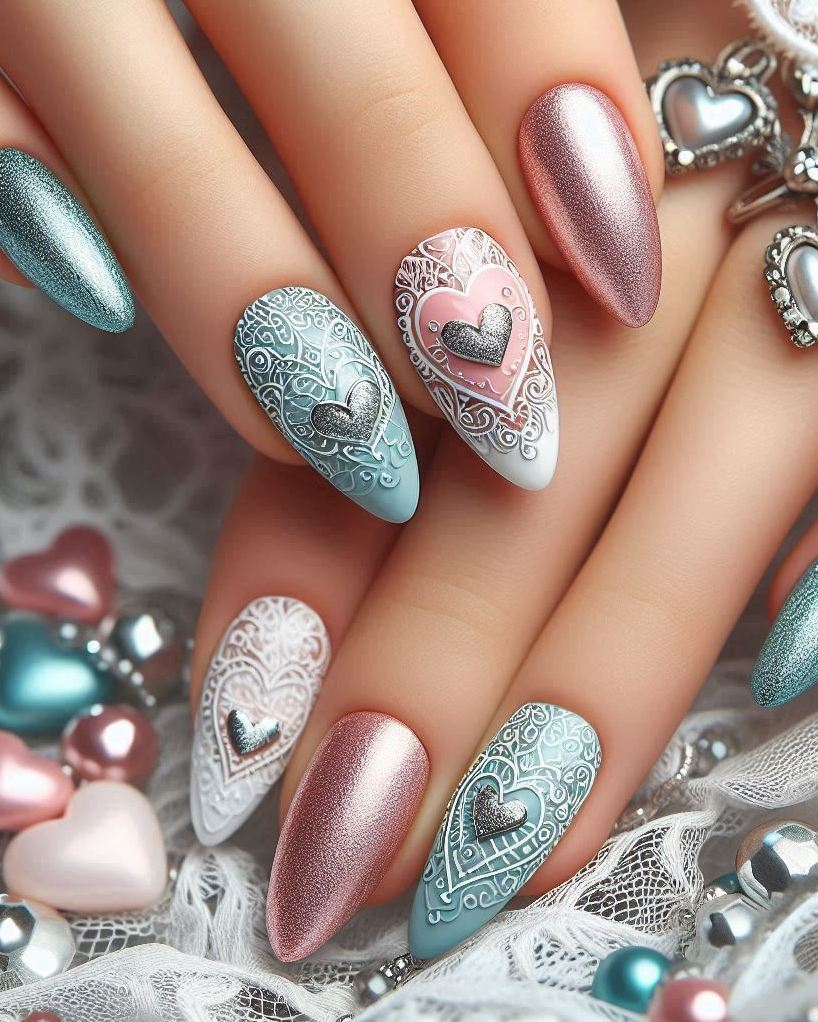 Bring a touch of artistry to your nails with Embroidery Themed Pastels Heart nail art. Soft, sweet, and oh-so-stylish!