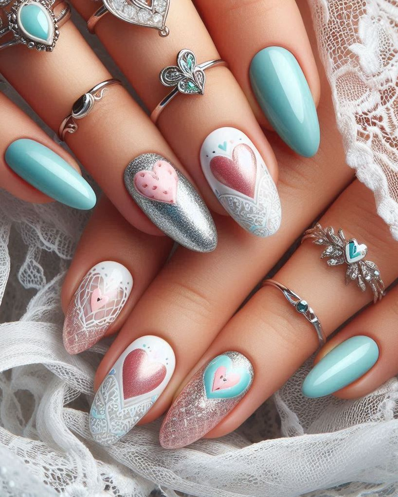 Make a statement with Embroidery Themed Pastels Heart nail art. These elegant designs are perfect for a vintage-inspired look!