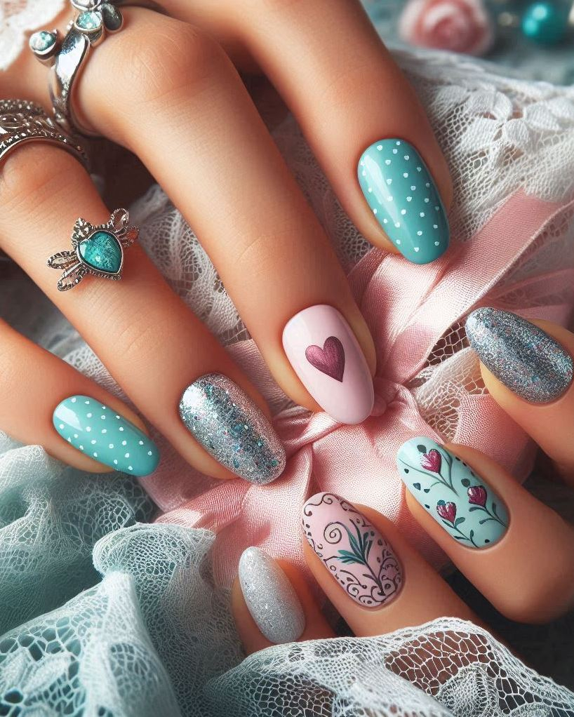 Heart Nail Art Ideas: Express your creativity with Embroidery Themed Pastels Heart nail art. The delicate patterns and soft hues will steal the show!