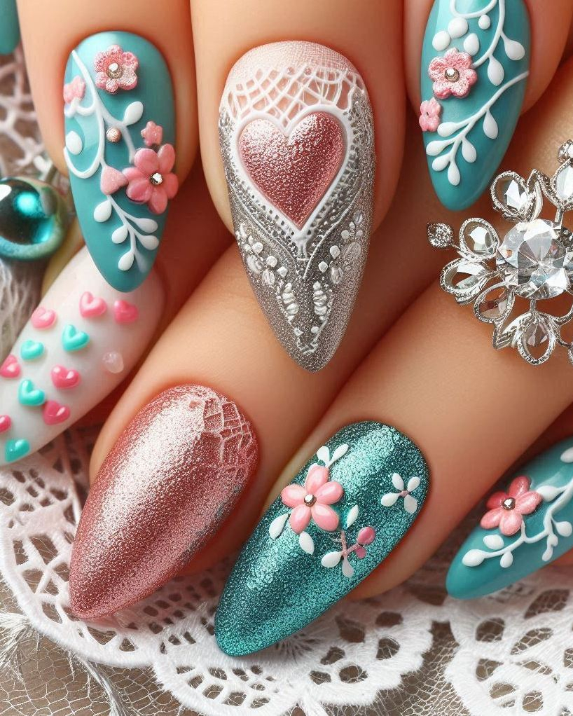 Stitch up some style with Embroidery Themed Pastels Heart nail art. Perfect for those who love a mix of elegance and playful charm!