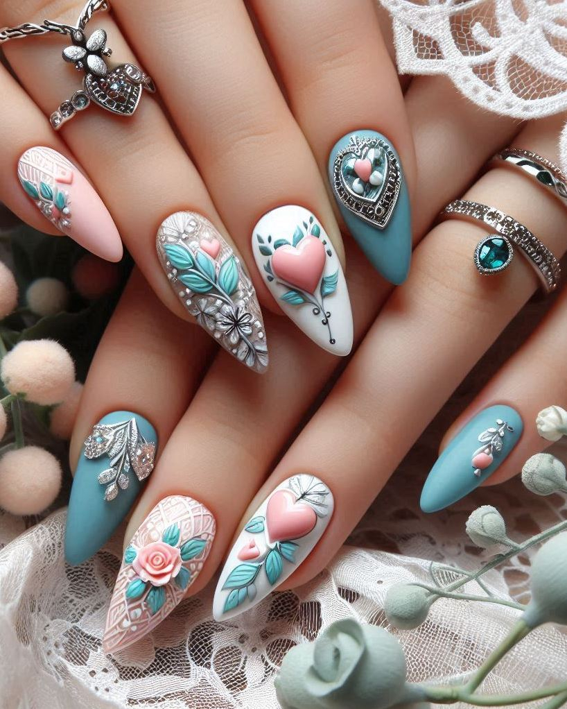 Show off your creative side with Embroidery Themed Pastels Heart nail art. Soft pastels and delicate patterns make your nails a work of art!