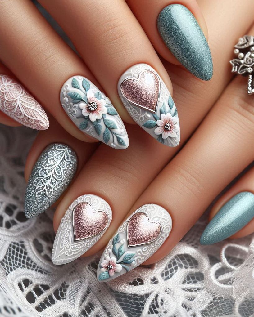 Add a touch of elegance to your nails with Embroidery Themed Pastels Heart nail art. The perfect blend of sophistication and sweetness!