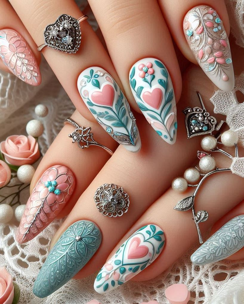 Heart Nail Art Ideas: Nail your next look with Embroidery Themed Pastels Heart nail art. These dainty designs bring out the artist in you!