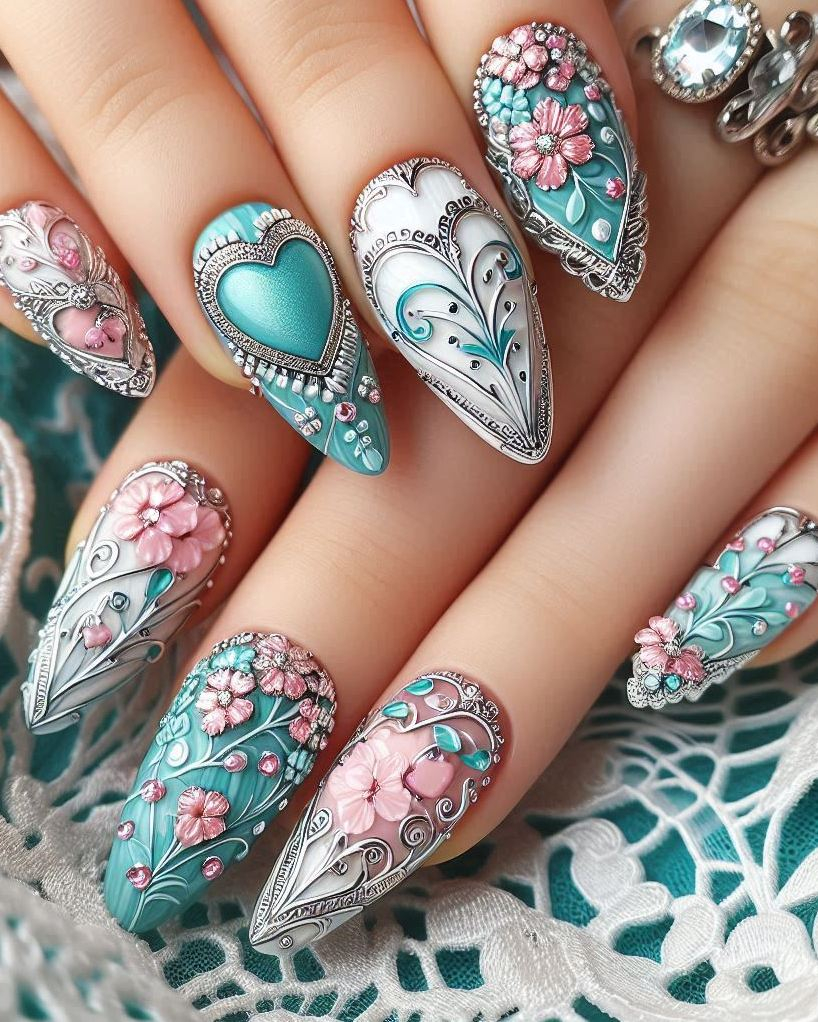 Transform your manicure with Embroidery Themed Pastels Heart nail art. A dreamy combination of soft colors and intricate patterns!