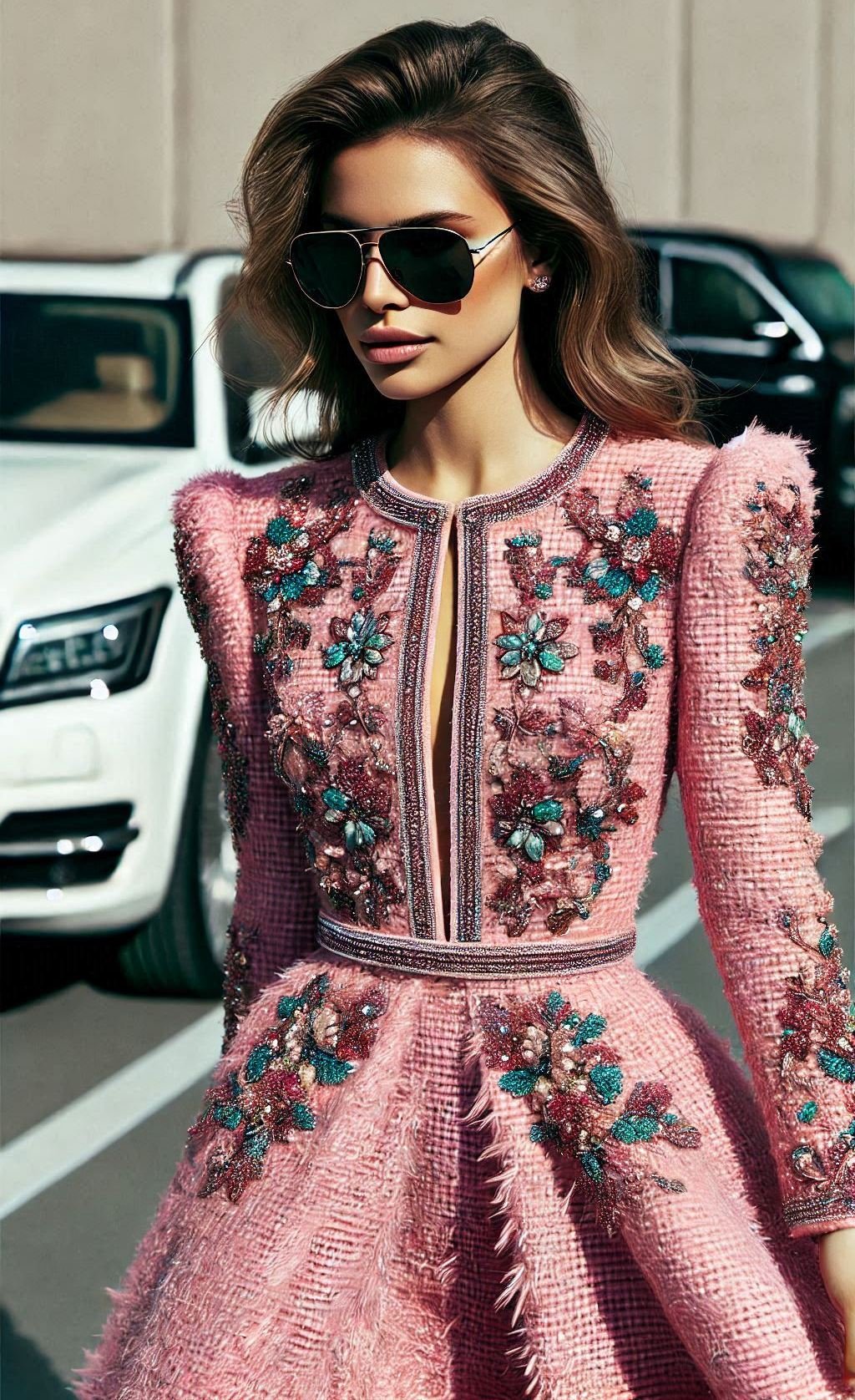 Make a statement with this stunning pink tweed dress. Ideal for special occasions, it combines elegance with a playful touch.