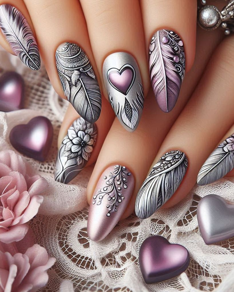 Make a statement with this chic Purple, Violet, and Silver heart nail art. A sophisticated and glamorous design for any occasion!