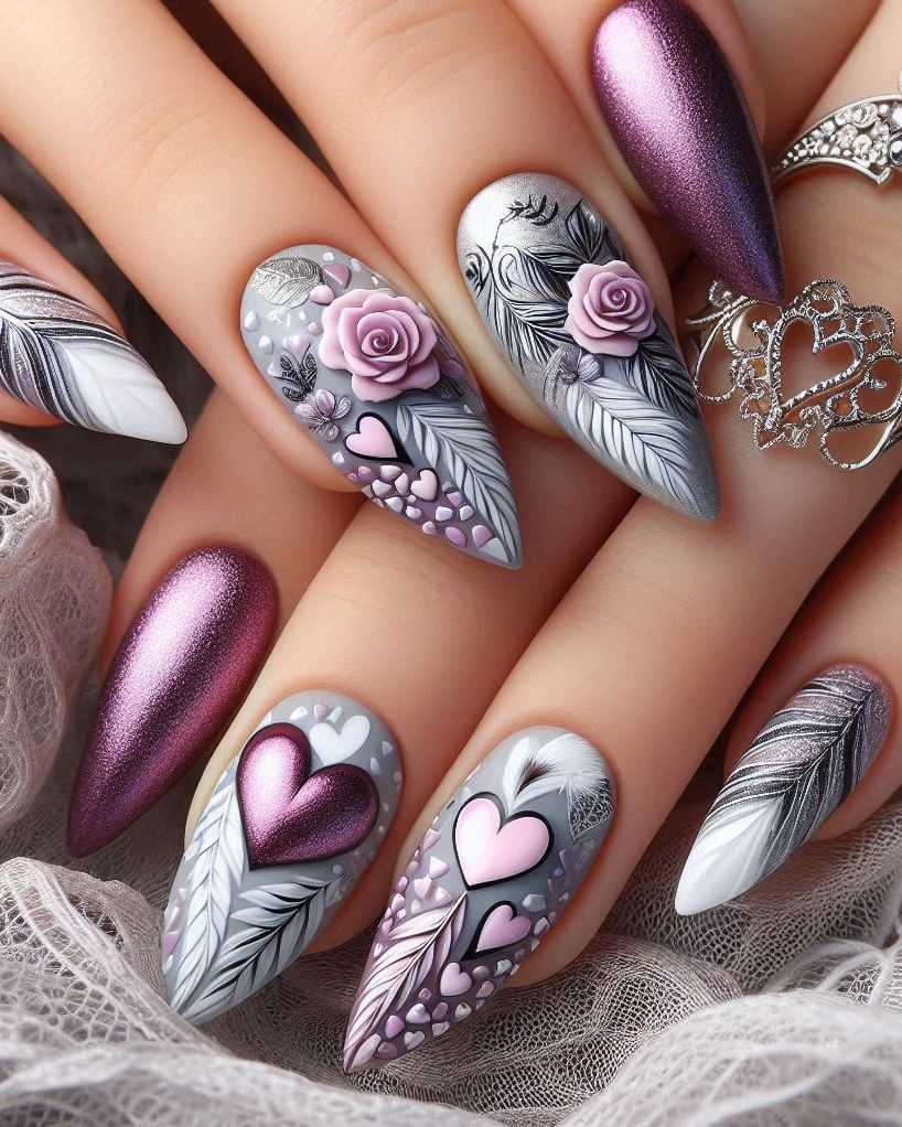 Add some sparkle to your life with this Purple, Violet, and Silver heart nail art. A dazzling and elegant choice for your next manicure!