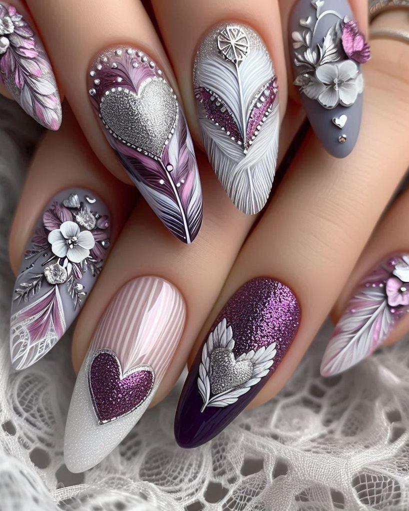 Heart Nail Art Ideas: Show off your creative side with this beautiful Purple, Violet, and Silver heart nail art. Perfect for those who love a unique and elegant look!