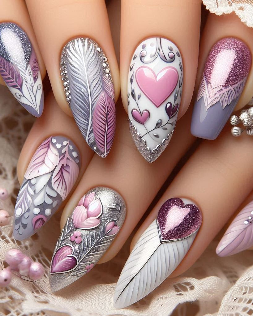 Get ready to shine with this stunning Purple, Violet, and Silver heart nail art. A perfect blend of sophistication and sparkle for your nails!