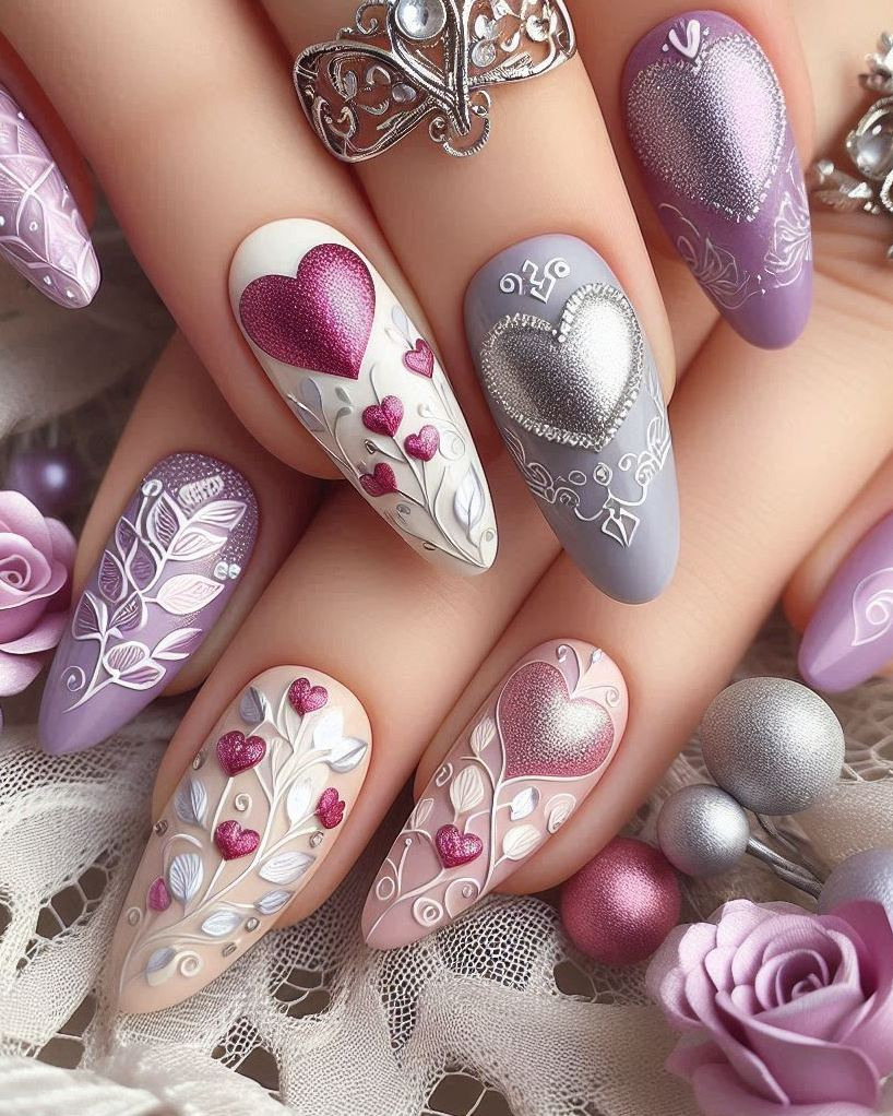 Heart Nail Art Ideas: Add a touch of magic to your nails with this beautiful Purple, Violet, and Silver heart nail art. Perfect for those who love a hint of enchantment and elegance!