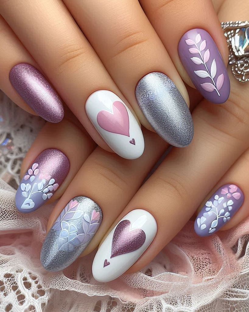 Shine bright with this stunning Purple, Violet, and Silver heart nail art. Perfect for adding a touch of glamour and elegance to your look!