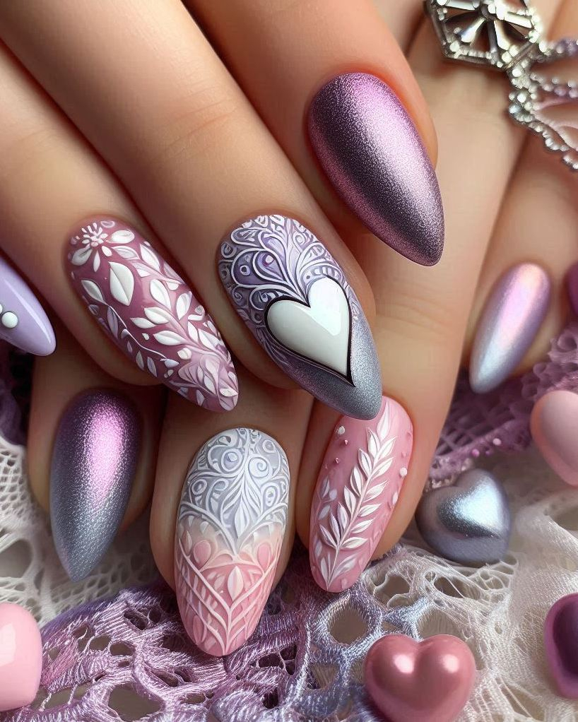 Transform your nails into a work of art with this Purple, Violet, and Silver heart design. A dazzling combination that's sure to impress!