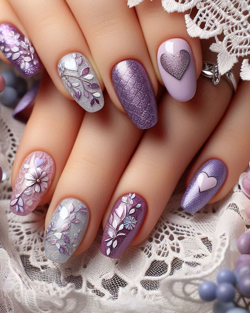 Heart Nail Art Ideas: Embrace the magic of purple with this stunning Purple, Violet, and Silver heart nail art. Perfect for adding a touch of enchantment to your look!