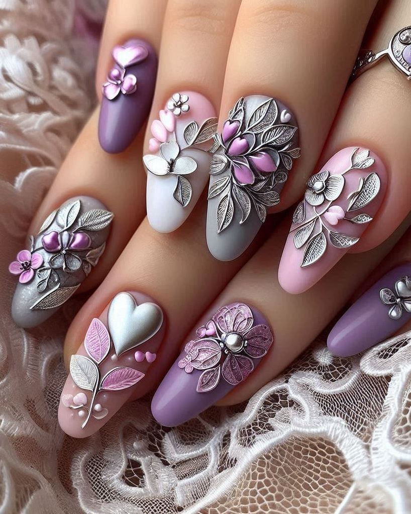 Get ready to dazzle with this beautiful Purple, Violet, and Silver heart nail art. Perfect for those who love a touch of sparkle and elegance!