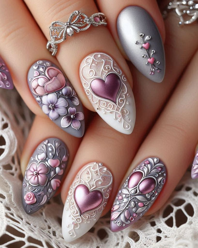 Add a touch of royalty to your nails with this Purple, Violet, and Silver heart nail art. The perfect blend of regal colors and shimmering details!