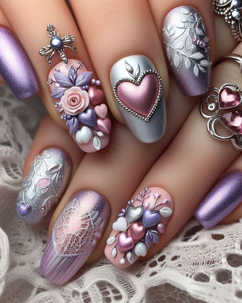 Make a statement with this chic Purple, Violet, and Silver heart nail art. A sophisticated and glamorous design for any occasion!