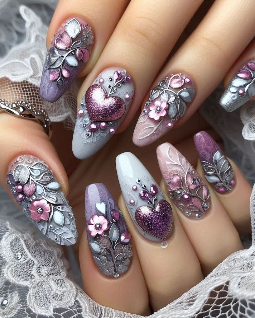 Heart Nail Art Ideas: Add some sparkle to your life with this Purple, Violet, and Silver heart nail art. A dazzling and elegant choice for your next manicure!