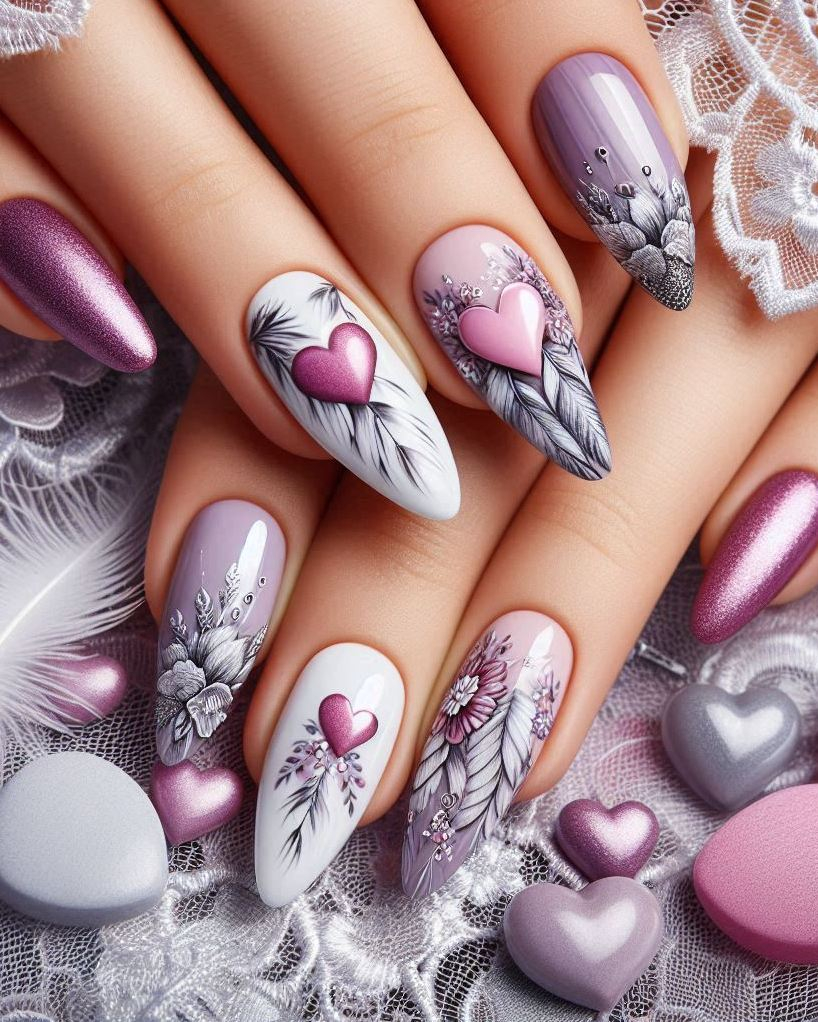 Add a pop of color to your nails with this Purple, Violet, and Silver heart nail art. Perfect for those who love a bold and elegant look!