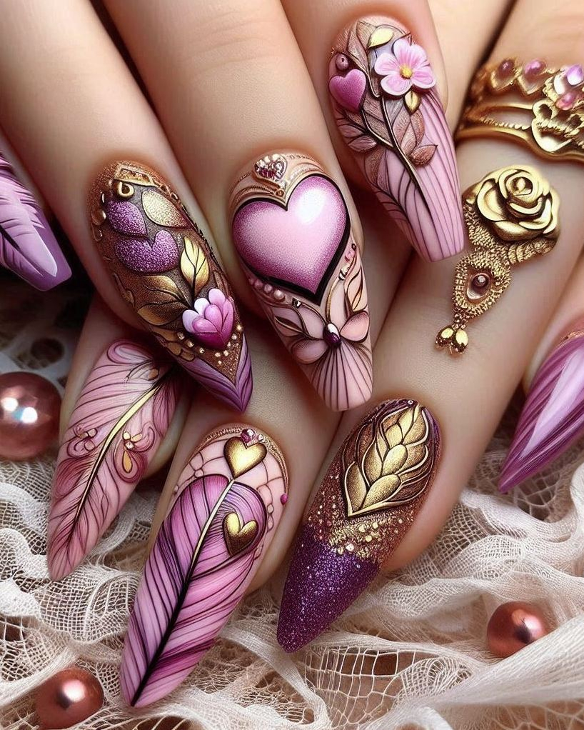 Get ready to dazzle with this beautiful Purple, Violet, and Silver heart nail art. Perfect for those who love a touch of sparkle and elegance!