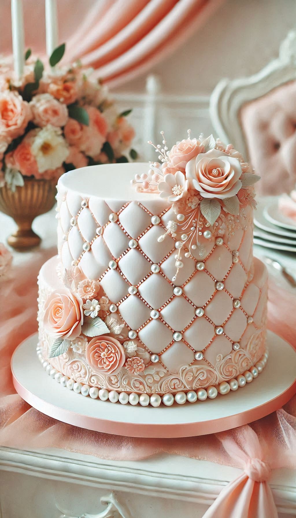 Say ‘I do’ to this stunning quilted fondant wedding cake adorned with pearl accents. A touch of class that tastes as good as it looks!