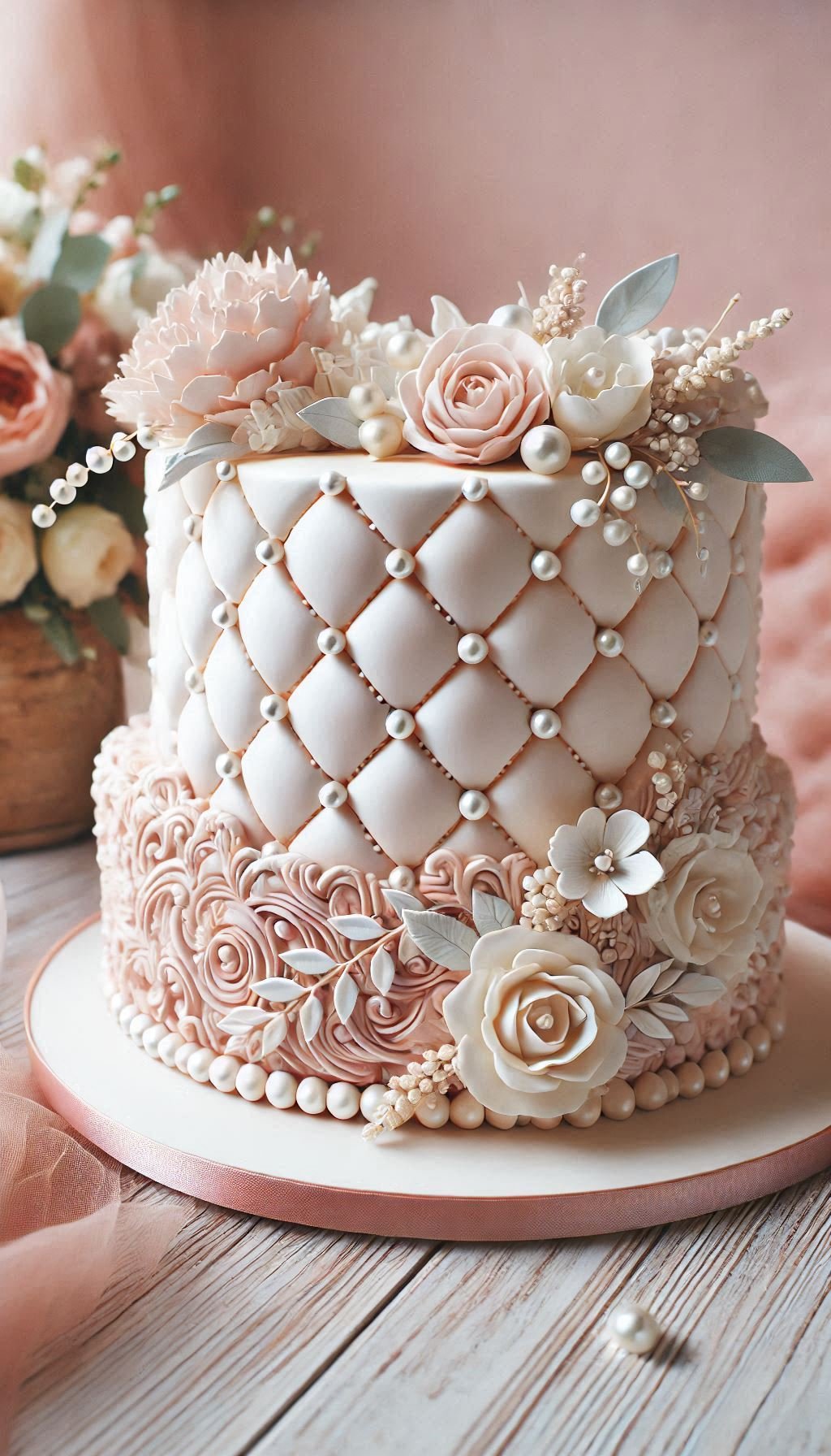Elevate your special day with this quilted fondant cake featuring delicate pearl accents. A treat for both the eyes and the palate!