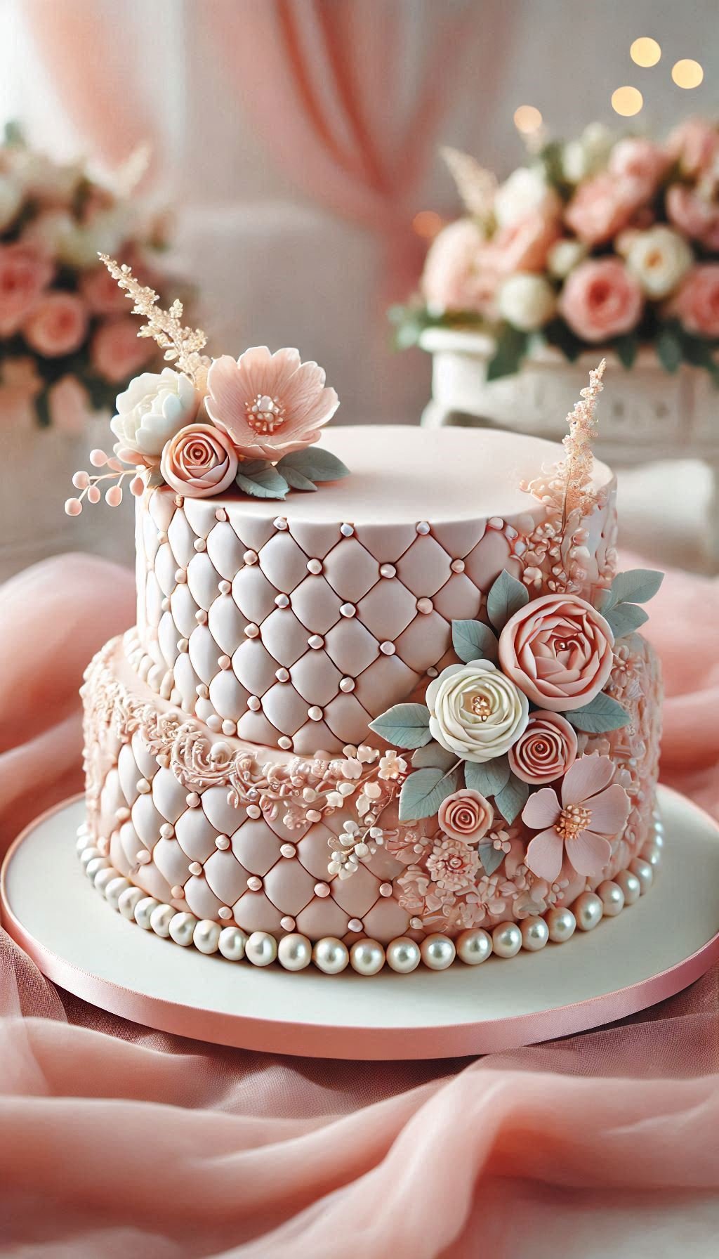 This wedding cake with quilted fondant and pearl accents is pure sophistication. Perfect for adding a touch of glamour to your celebration.
