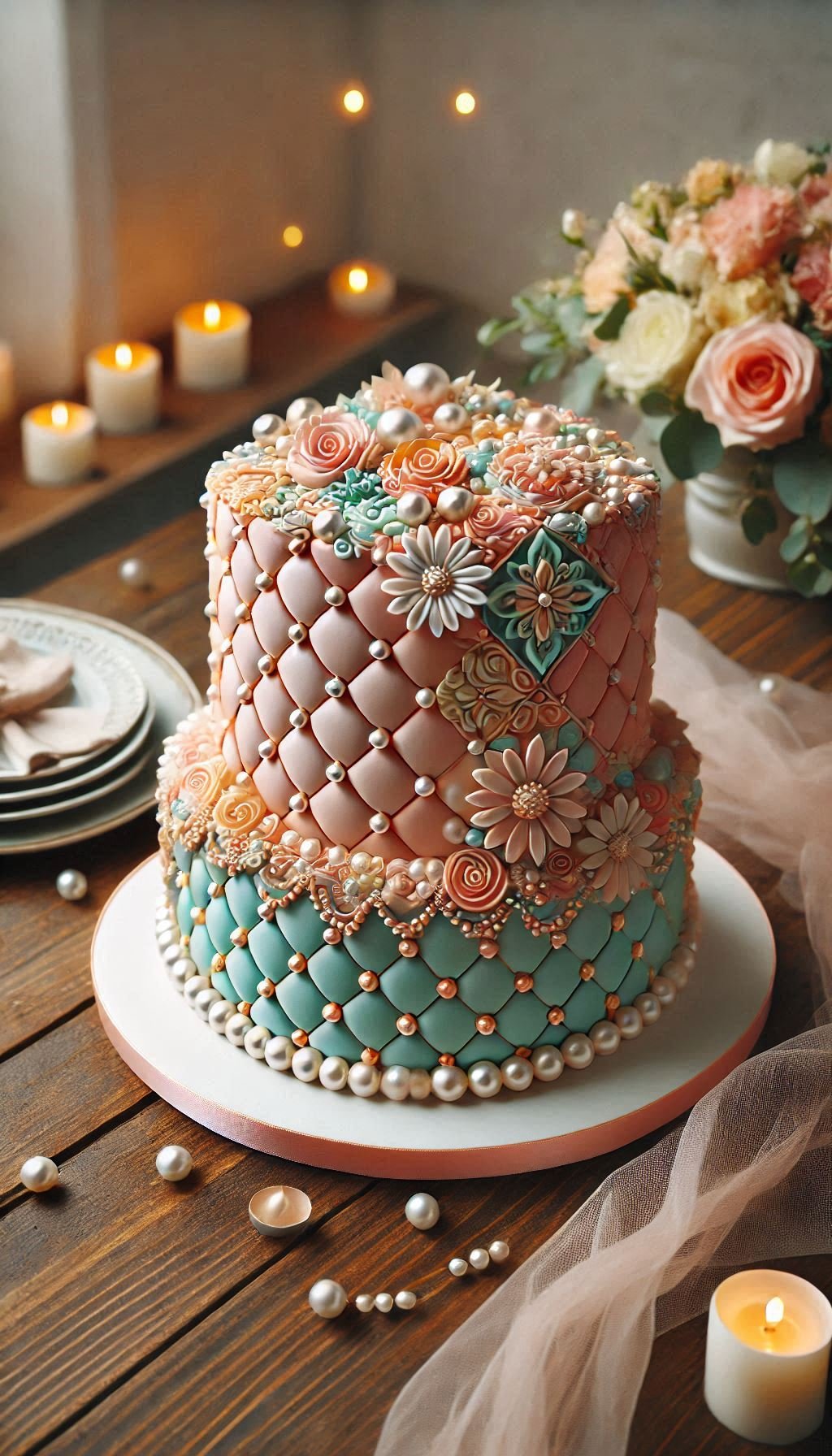 Celebrate your big day with a cake that exudes luxury. Quilted fondant and pearl accents create a stunning and unforgettable wedding centerpiece.