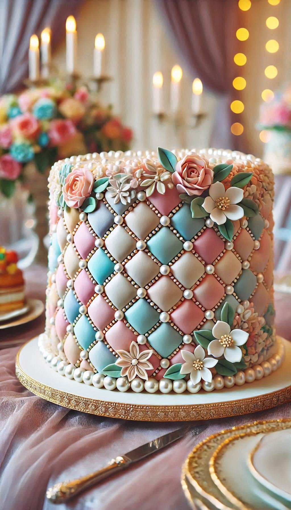 Add a touch of timeless elegance to your wedding with this quilted fondant cake. Pearl accents make it a true showstopper.