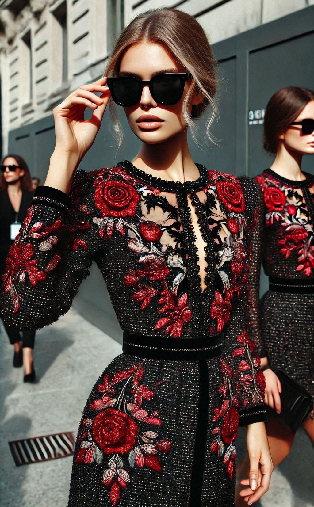 Make a statement at your next event with this red and black tweed dress. The perfect mix of classic elegance and modern flair.