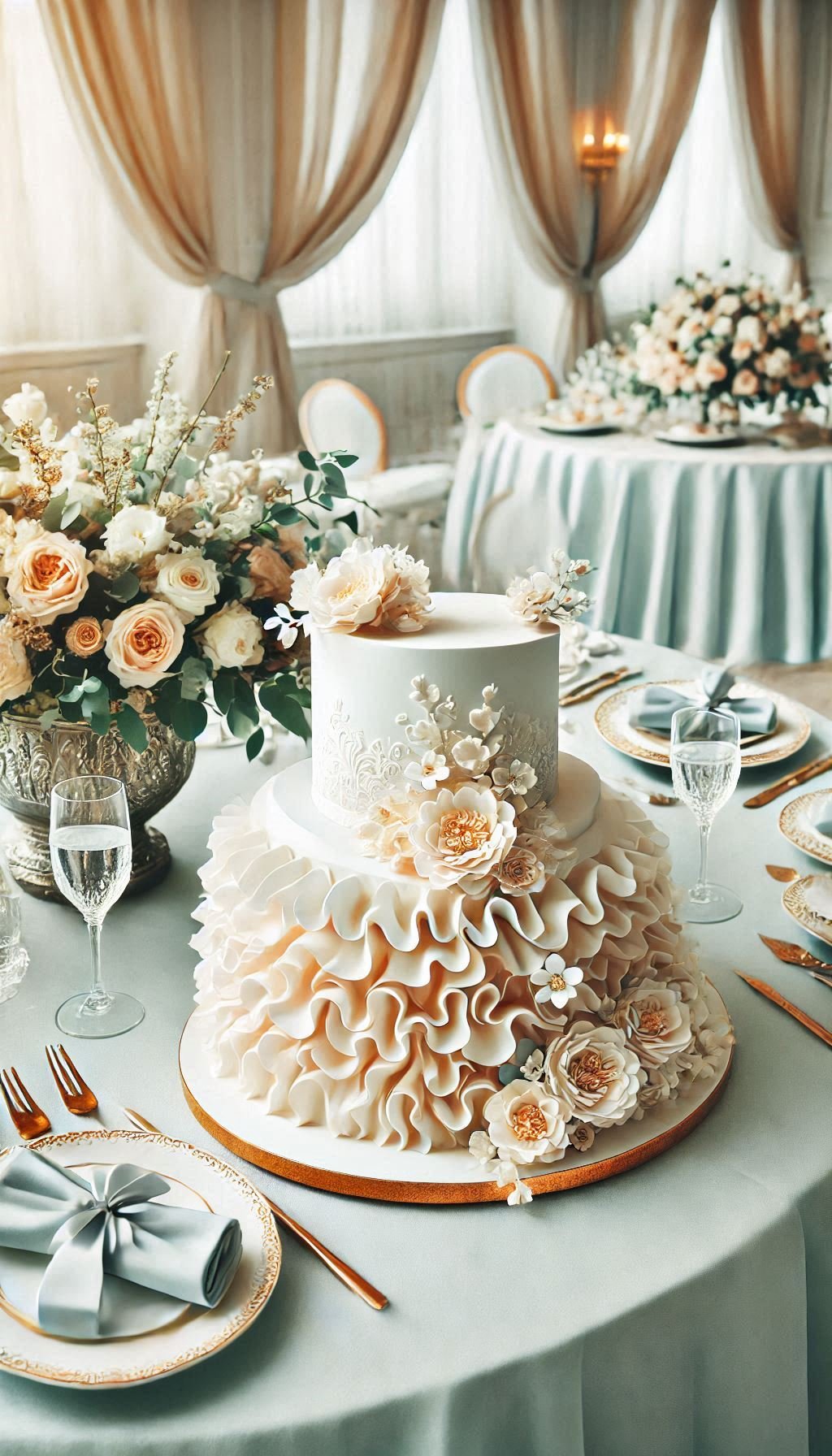 Turn your wedding into a fairy tale with this ruffled cake, showcasing stunning ombre layers. A sweet masterpiece that looks almost too good to eat!