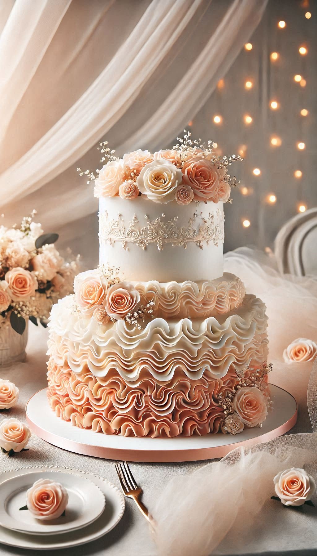 Get ready to impress with this ruffled cake. The stunning ombre layers add a touch of sophistication and fun to your wedding celebration.