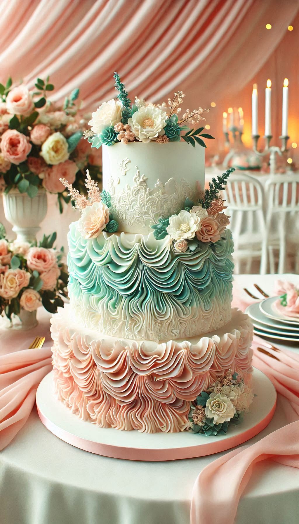 Transform your wedding dessert table with this ruffled cake. The ombre layers make it a beautiful and delectable addition to your big day.