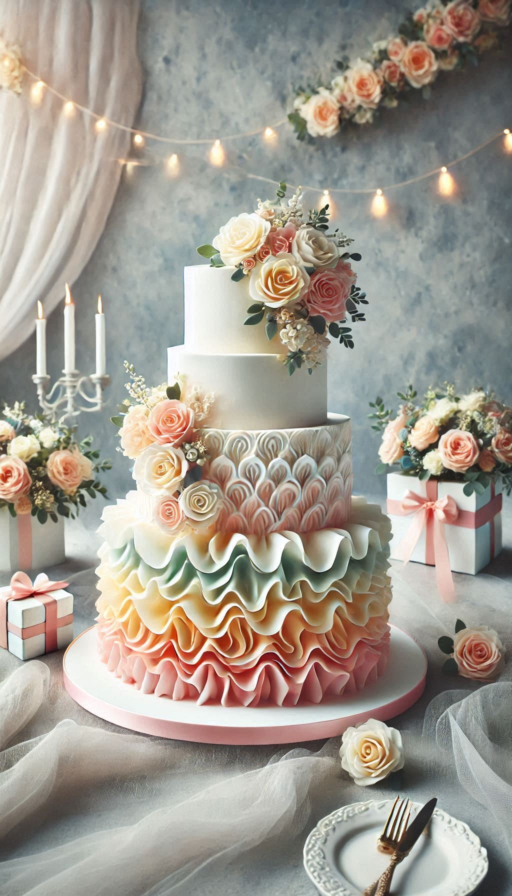 Make your big day even sweeter with this ruffled cake. The ombre layers create a stunning visual effect that's sure to wow your guests.