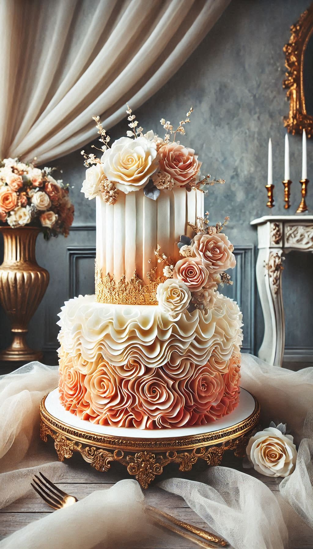Elevate your wedding cake game with this ruffled beauty. The ombre layers add a touch of elegance and whimsy to your celebration.
