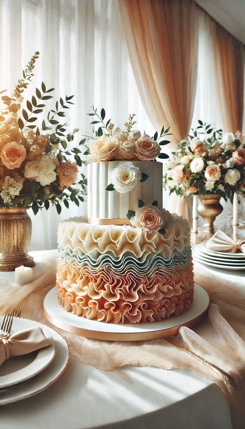 Create a show-stopping moment with this ruffled cake. The ombre layers make it a piece of edible art that's perfect for your special day.