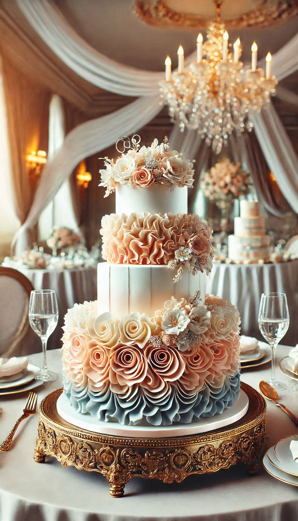 Who knew cake could look this good? This ruffled masterpiece with ombre layers is sure to be the talk of your wedding.