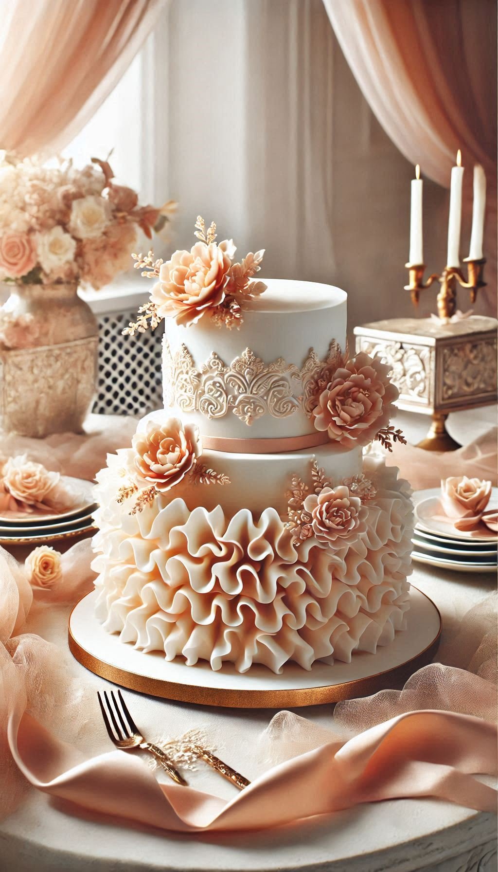 Make a statement with this ruffled cake featuring ombre layers. It’s an elegant and whimsical choice that’s perfect for your big day.