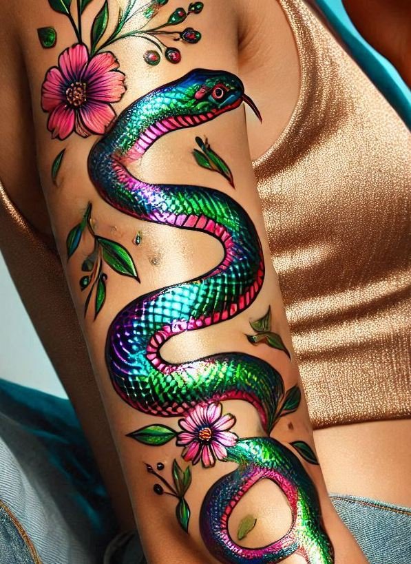 Unleash your inner serpent with this captivating snake tattoo. Perfect for adding a touch of intrigue and elegance to your look!