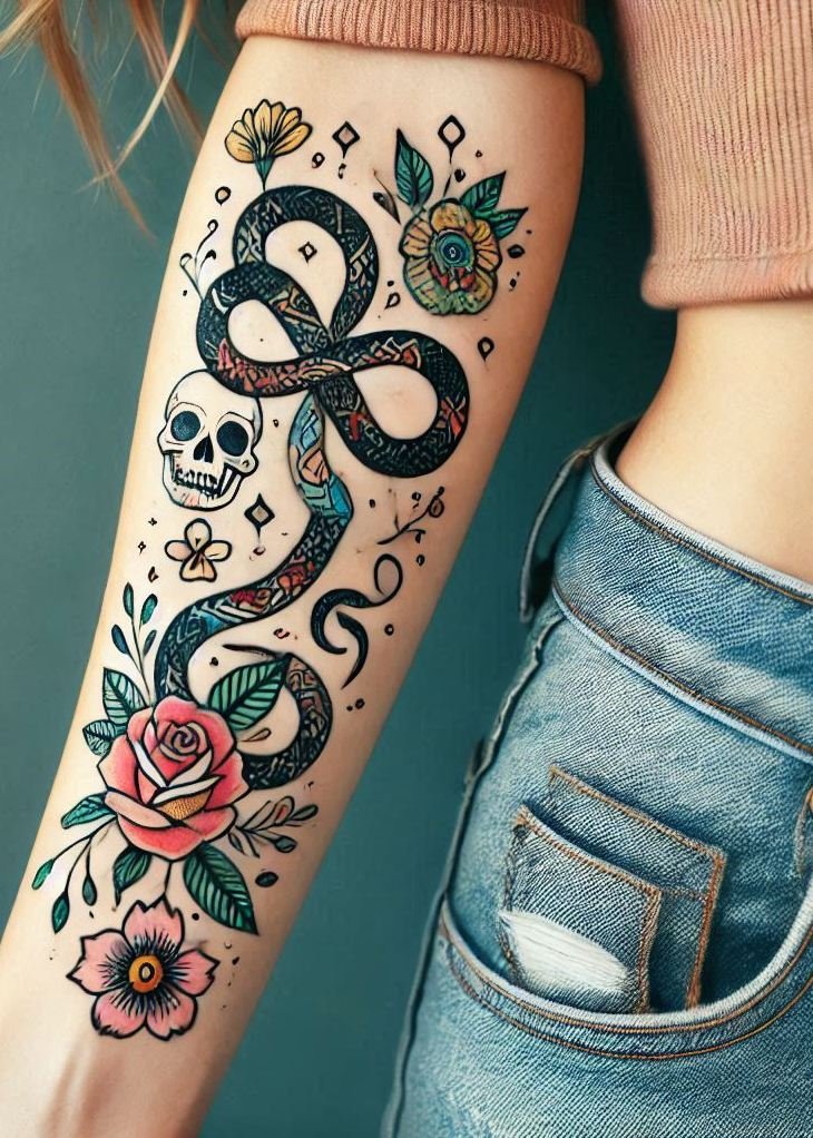 Slither into style with this stunning snake tattoo. Perfect for adding a touch of mystery and elegance to your ink collection!