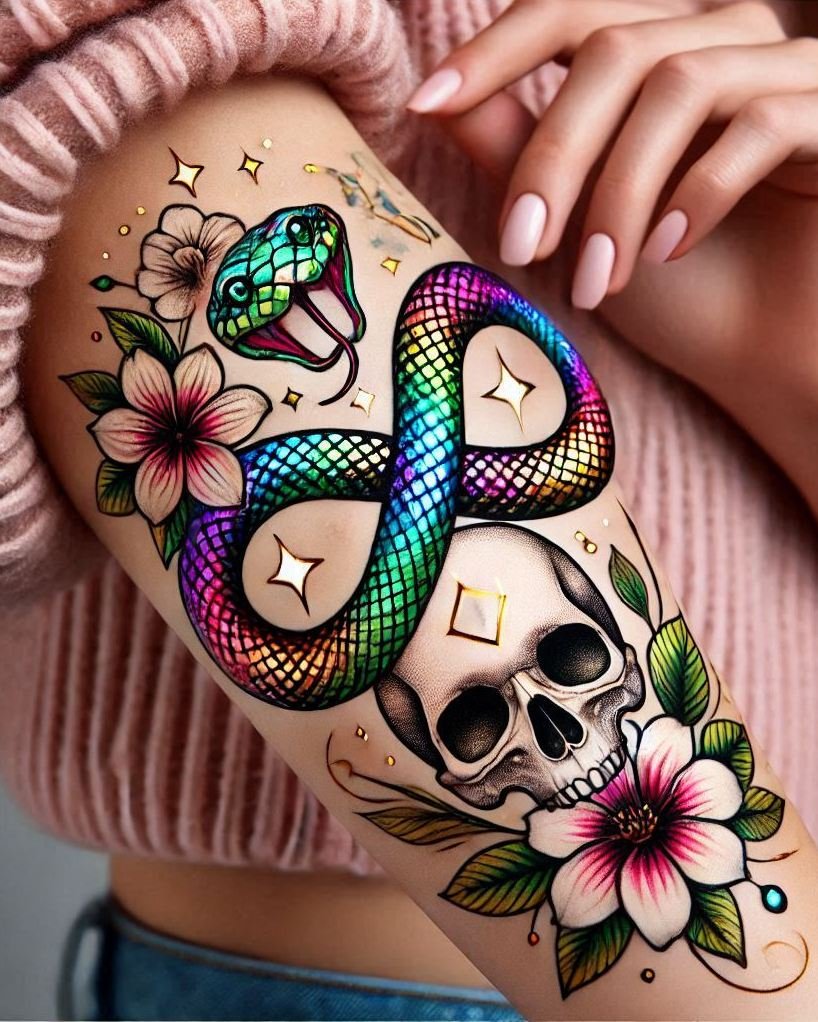 Unleash your inner serpent with this captivating snake tattoo. Perfect for adding a touch of intrigue and elegance to your look!