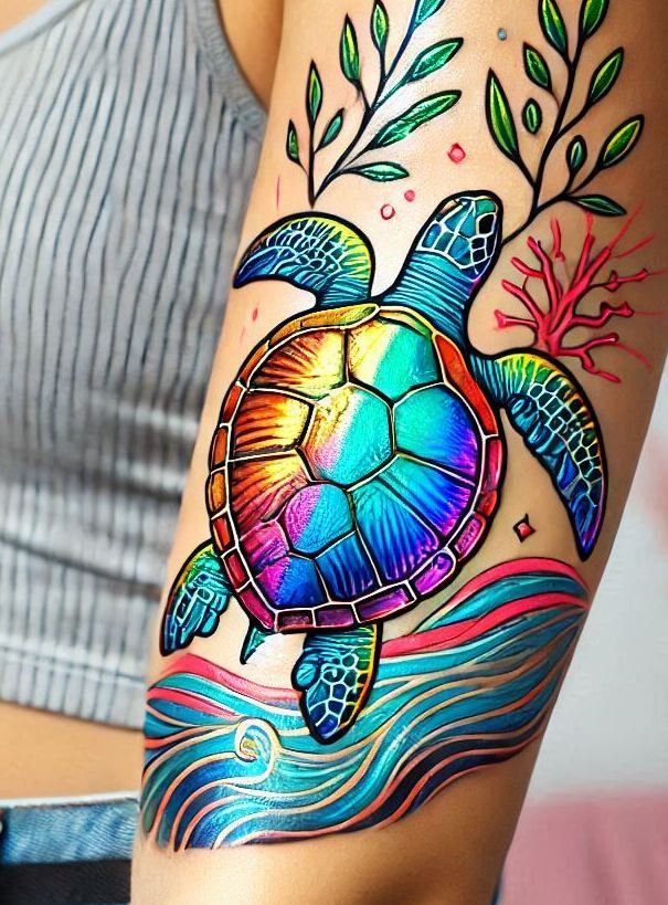 Dive into tranquility with this stunning turtle tattoo. Perfect for those who love the calm and steady nature of these ancient creatures!